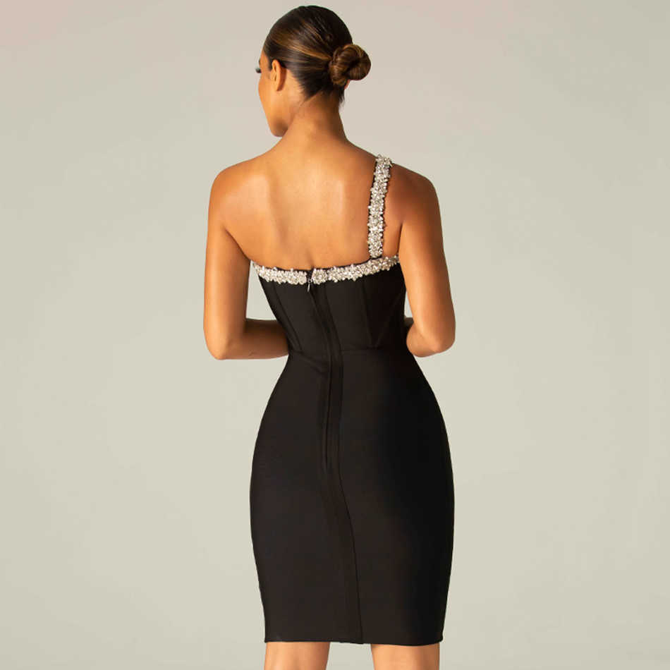 Summer Women One Shoulder Black Crystal Club Bandage Dress Sexy Sleeveless Mini Celebrity Runway Party Lady 210527