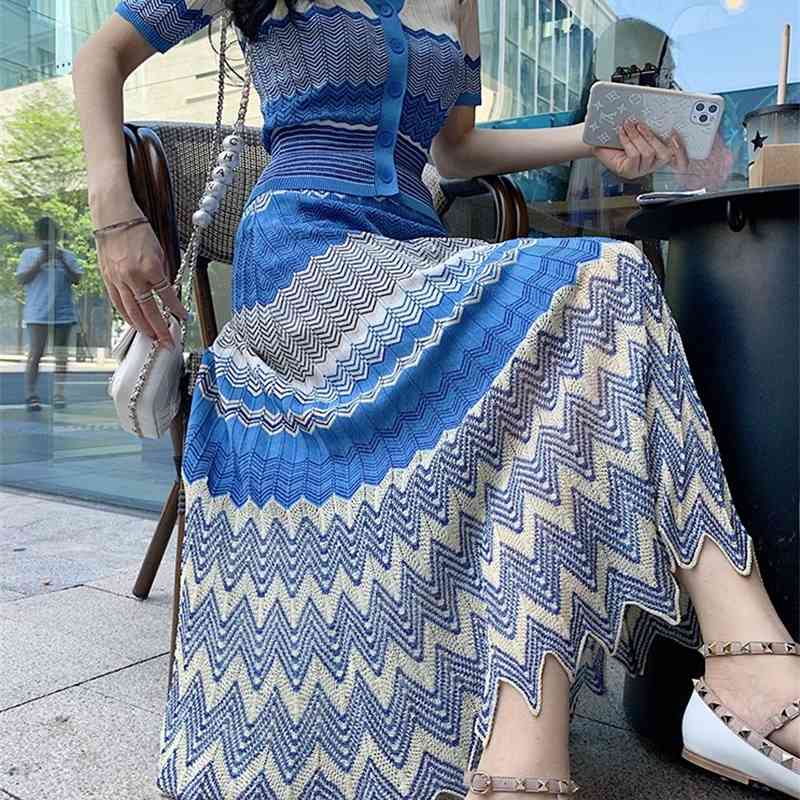 Summer Fashion Two Piece Set Wavy stripes Knitting Short sleeve Cardigans Top + High Waist Long Skirt Outfits 210519