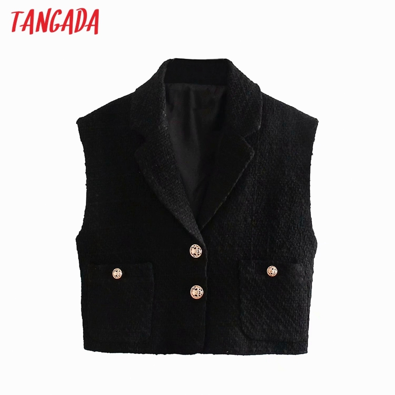 Women Fashion Black Tweed Vest Buttons Sleeveless Female Waistcoat Chic Tops 4M06 210416