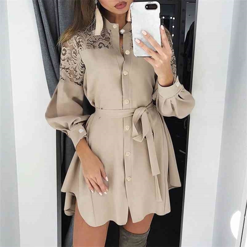 Plus Size Autumn Shirt Dress Women Solid Stand Neck Lace Patchwork Long Sleeve Belt Mini Dress Ladies Buttons Ruffle Party Dress 210409