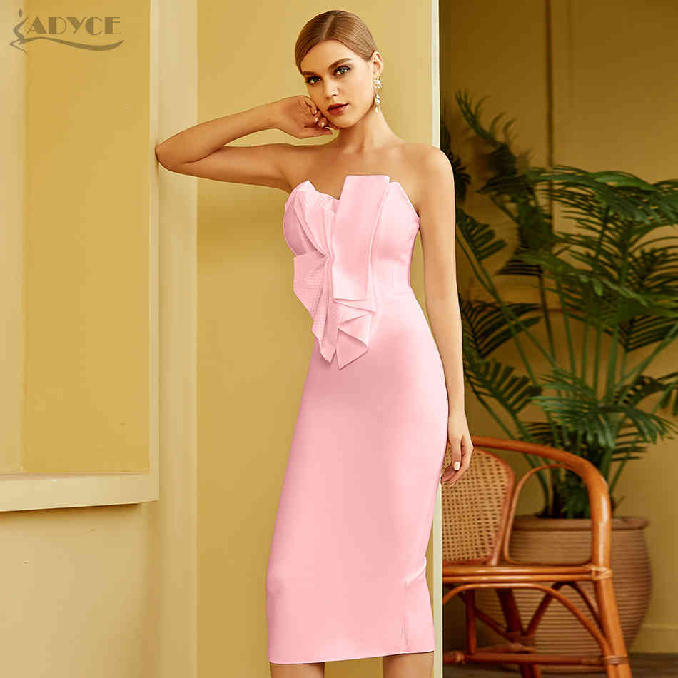 Summer Women White Sleeveless Bandage Dress Sexy Strapless Ruffles Pink Midi Club Celebrity Runway Party Dresses 210423