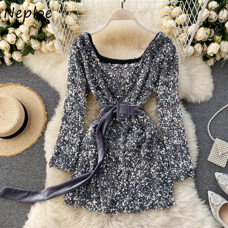 Neploe Square Collar Drawstring Slim Waist Elegant Vestidos Autumn New Vintage Sequined Dress Fashion Chic Dresses Women 210422