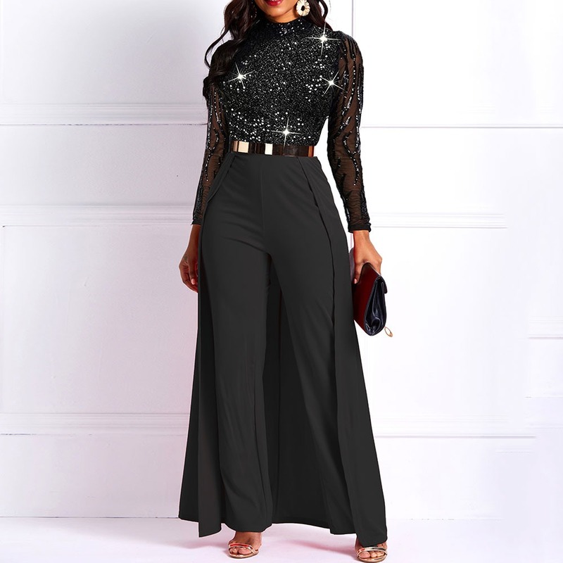 Black Long Sleeve Plus Size High Waist Straight Plain Jumpsuit Women Elegant Formal Party Slim Ladies Wide Leg Jumpsuits, Red