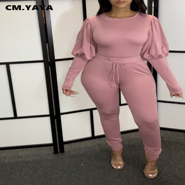 CM.YAYA Sport Sweatsuit Women's Set Lantern Long Sleeve Sweatshirt Jogger Pant Set Active Tracksuit Two Piece Fitness Outfit Y0625