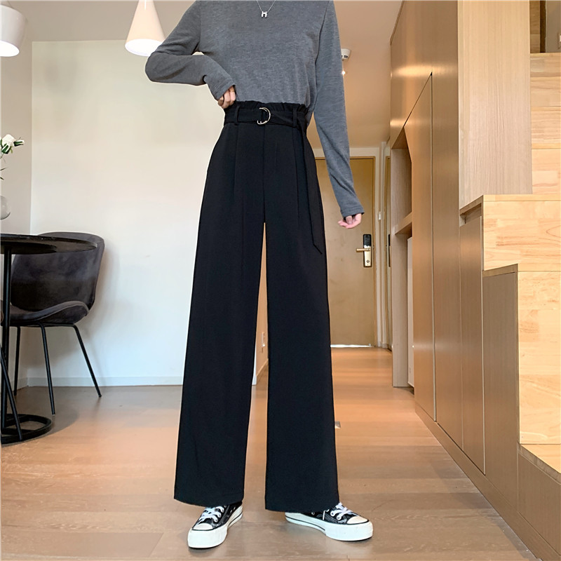 Nomikuma Autumn New Korean Suit Pants Belt High Waist Long Women Trousers Causal Solid Wide Leg Pants Feminimos 6C113 210427