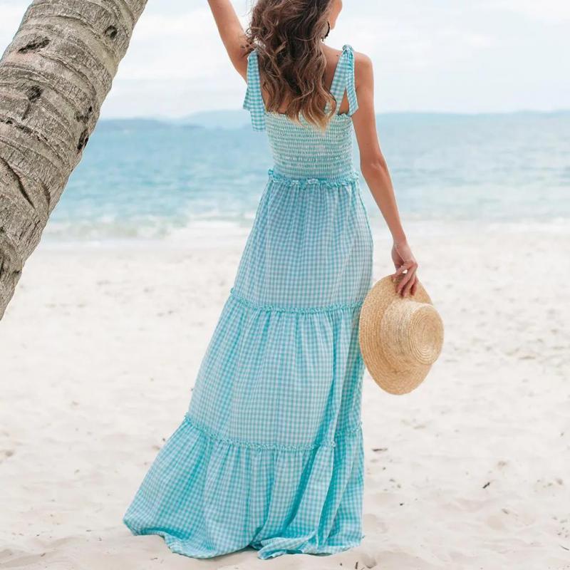 Women Dress Sleeveless Plaid Bohemian Dresses For Plus Size Vintage Sexy Long Beach Fashion 210524