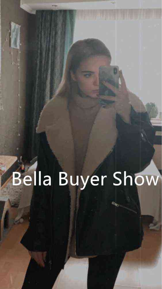 Bella Autumn Winter Temperament Turn Down Collar coats Zipper With Belt Women Loose Lamb Hair PU Fur Jacket 211130