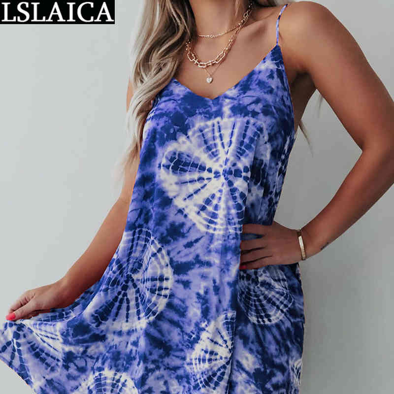 Summer Dress Tie Dye Plus Size Fashion Elegant Mini Party Club Woman Streetwear Knitted Casual Suspender for Women 210515