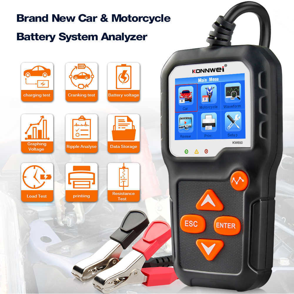 New KONNWEI Diagnostic KW650 Motorcycle Tester 12V 6V Battery System Analyzer 2000CCA Charging Cranking Test Tools for the Car