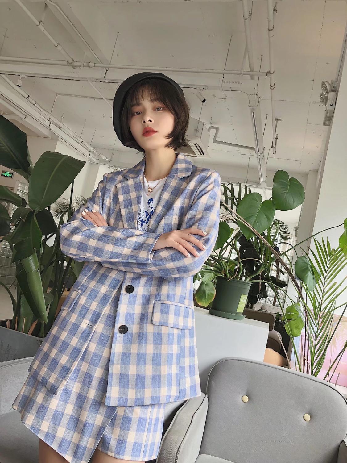 Boyfriend Style Blue White Gingham Plaid Print Blazer High Waist Skirt Shorts Pants Women Long Sleeve Suits 2 Pieces Set 210429