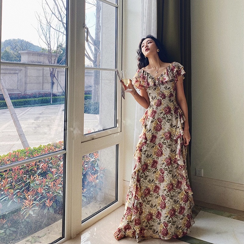 French Elegant Vintage Dress Women Floral Floor-Length Beach Dress Sexy Wedding Party Long Dress Female Korea Style Summer 210329