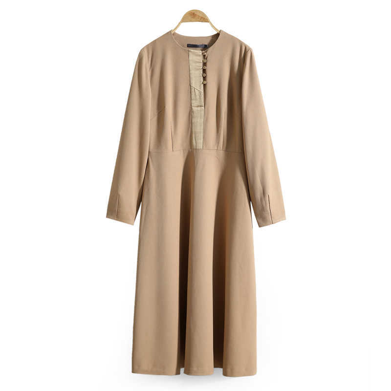 Women Elegant A-line Dress Female Causal Round Neck Solid Patchwork Buttons Long Sleeve Dresses 11737381 210527