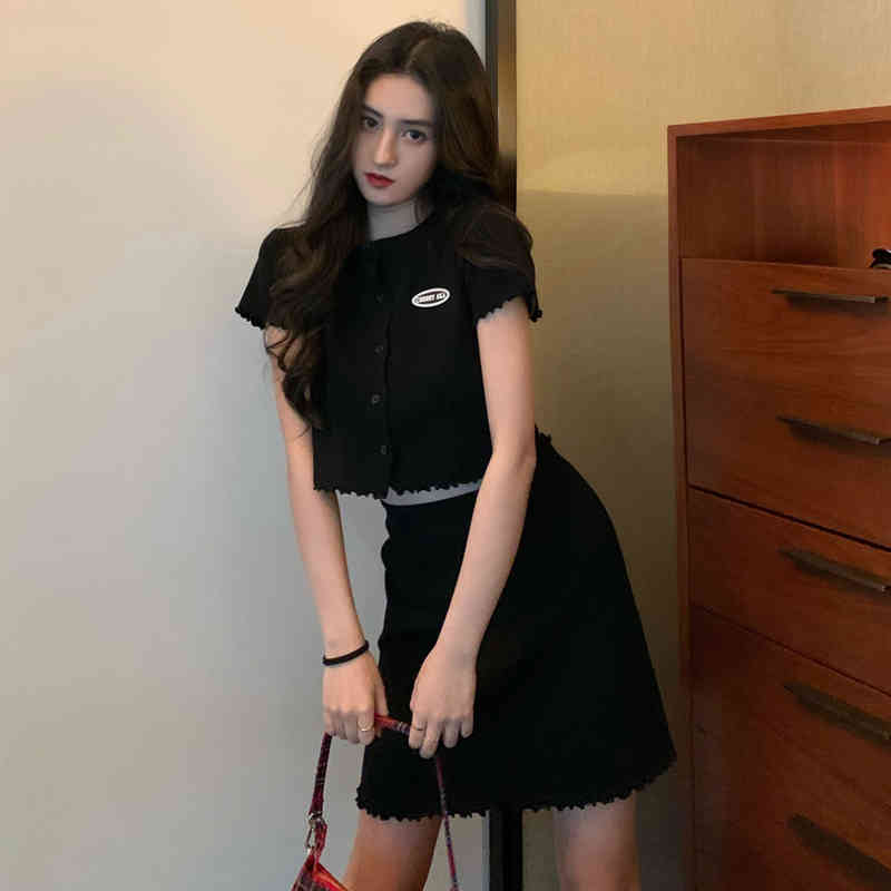 3colors two pcs set summer autumn korean style slim knitted cardigan+mini skirt 2pcs set women clothing set (C1300 210423