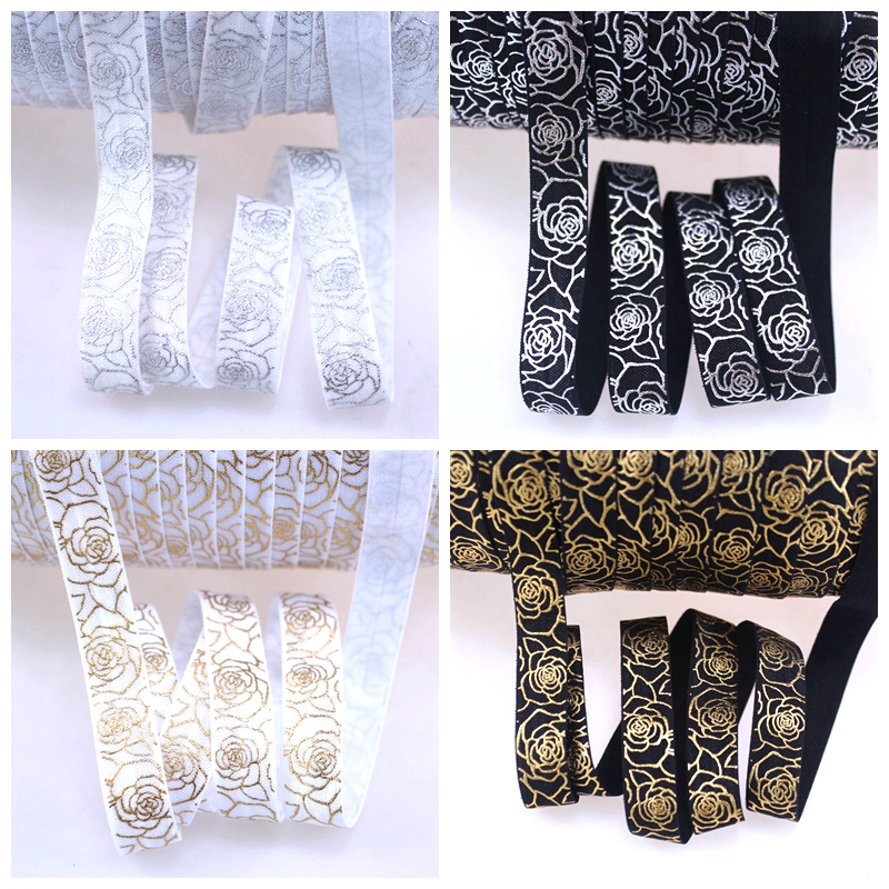 100yards/lot Gold Foil Rose FOE Ribbon Silver printed Roses Fold Over Elastic Valentine series welcome custom design
100yards/lot Gold Foil Rose FOE Ribbon Silver printed Roses Fold Over Elastic Valentine series welcome custom design