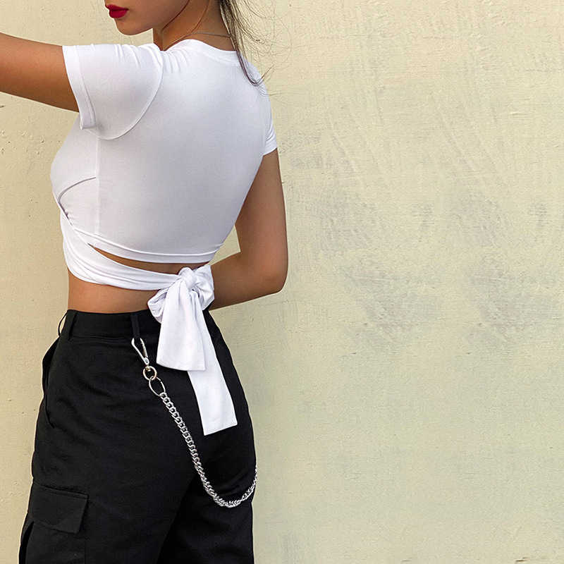 Colysmo White T Shirt Women O-neck Short Sleeve Front Cross Back Tie Up Summer Tops Casual T-shirt Sexy Streetwear 210527