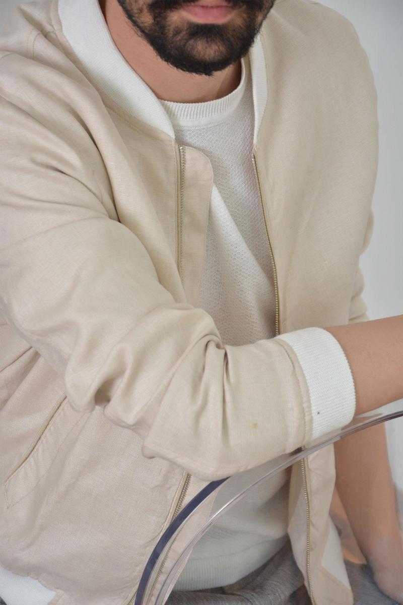Bomber Pure Linen Zipper Beige Men 'S Jacket Men's Jackets