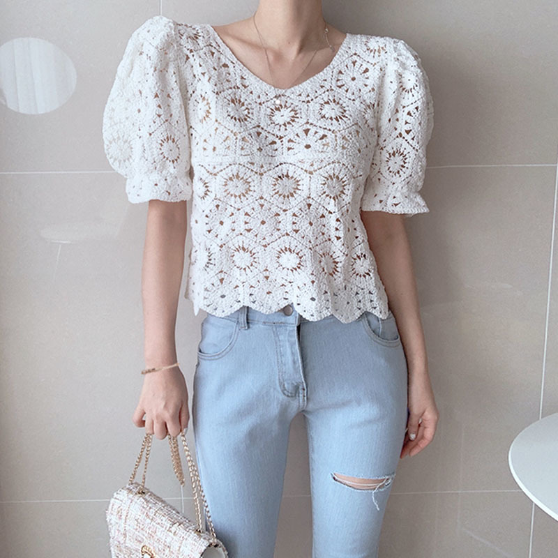 Korean Fashion Clothing Vintage Summer Tops Women Puff Sleeve Hollow Out Shirt Female Retro Perspective Lace Blouse 9591 210506