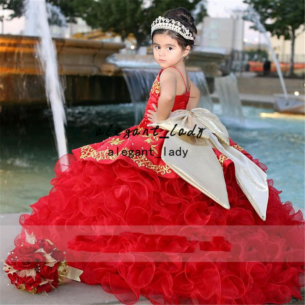 Red Embroidery Children Princess Dress Beauty ruffles tiered skirt Puffy little pricess big bow Flower Girl Birthday Dresses