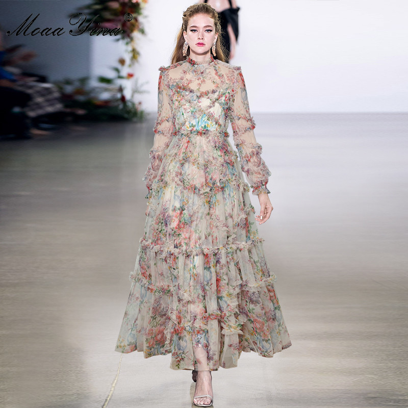 Fashion ner dress Spring Women's Dress Lantern Sleeve Mesh Print Cascading Ruffle Vacation Ball Gown Dresses 210524
