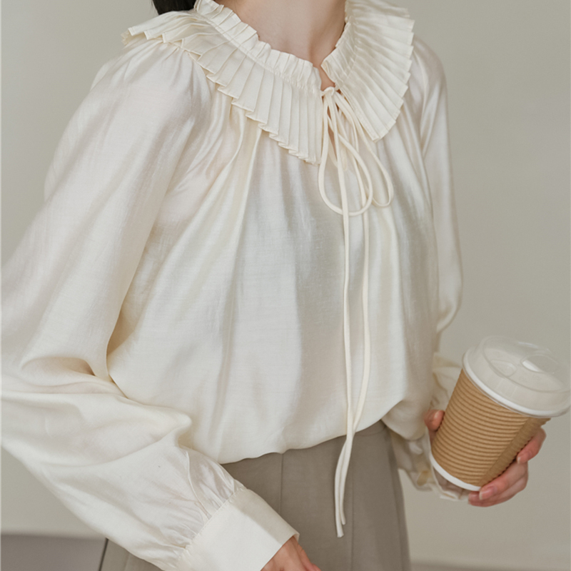 QOERLIN Apricot Ruffled Blouses for Women Elegant Korean Lace Up Bowtie Long Sleeve Loose Pleated Sleeve Chiffon Shirt Plus Size 210412