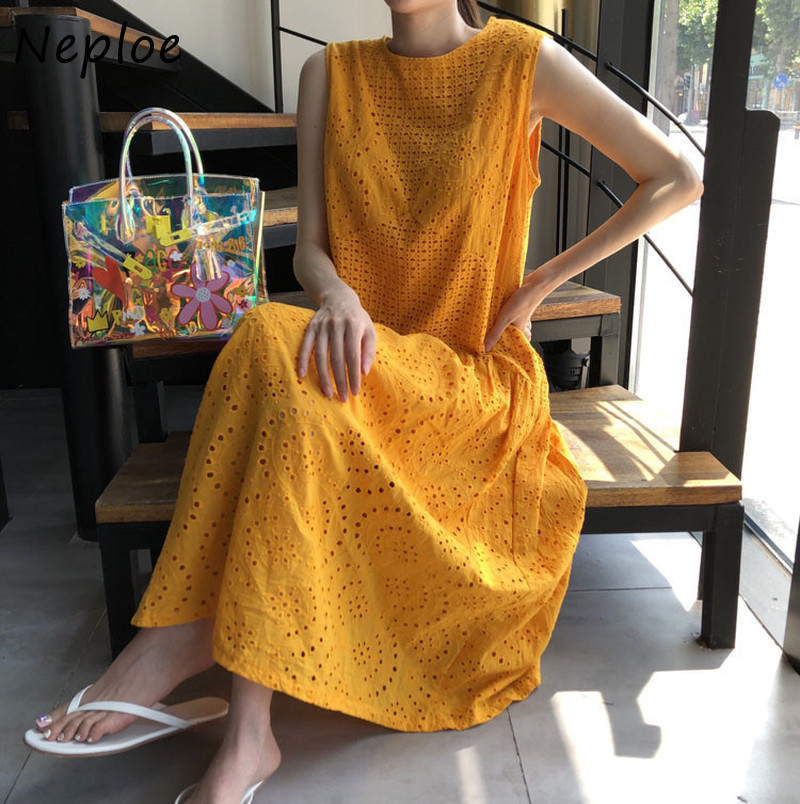 Chic French Retro Ladies Dress Round Neck Sleeveless Hollow Loose Dresses Women Summer Fashion Vestidos 1F468 210422Z