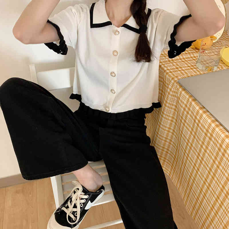 Summer Fashion Tops Women Elegant Vintage Thin Knitted T-shirt Korean Single-breasted Tshirt With Pockets Ropa Mujer 210513