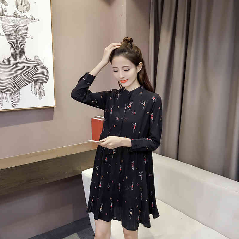 Spring Fashion Woman Long Sleeve Print Chiffon Dress Women Plus Size es Empire Button Pleated 2186 50 210518