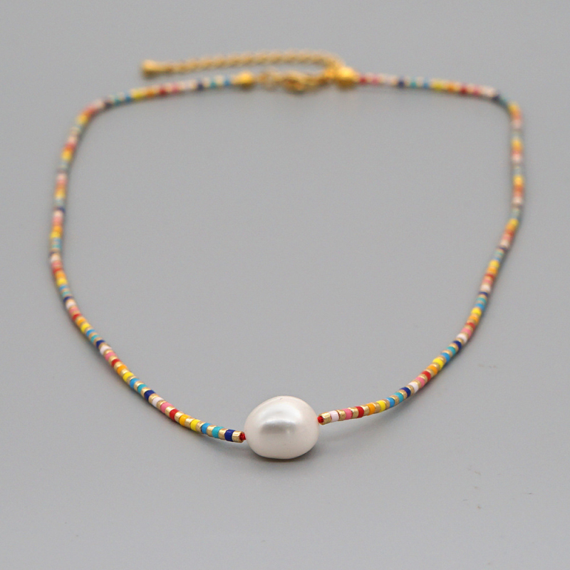 Colorful Design Glass Beaded Pearl Charm Necklace Bohemian Style Women Jewelry