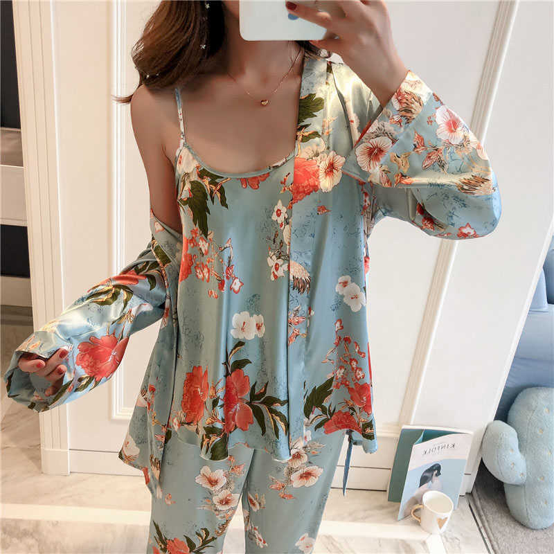 3PCS Women Pajamas Set Lady Emulation Silk Pyjama Sets Flower Sleepwear Female Leopard Satin Homewear With Removable Padded 210924