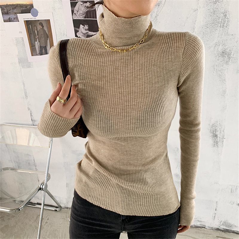 Pullovers Turtleneck Knitted Vintage Basic Slim Office Lady Tops Elegant High Quality Solid Streetwear Sweaters 210421