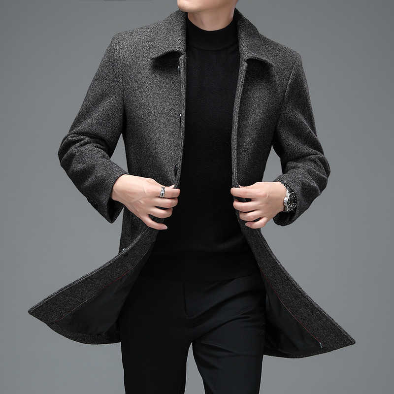 High Quality Mens Winter Jackets and Coats Business Casual Woolen Jackets Coats Long Overcoat Men Turn Down Collar Wool Blends 211119