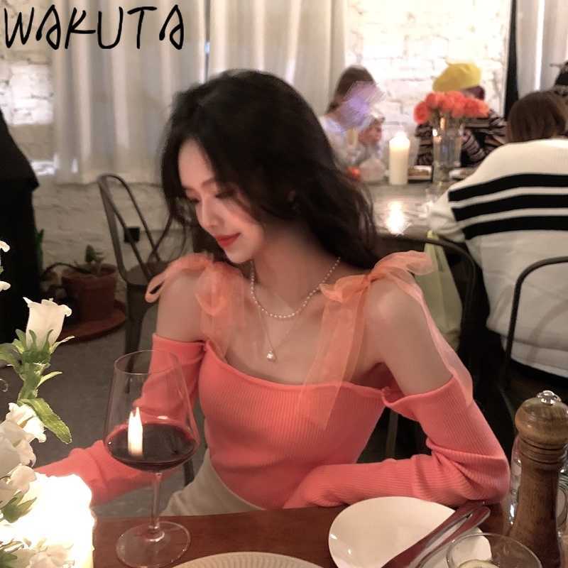 WAKUTA Korean Girls Knitted Tops Mesh Bow Tie Sexy Off Shoulder Black Pullovers Skinny Elegant Short Jumper Womens Clothes 210918