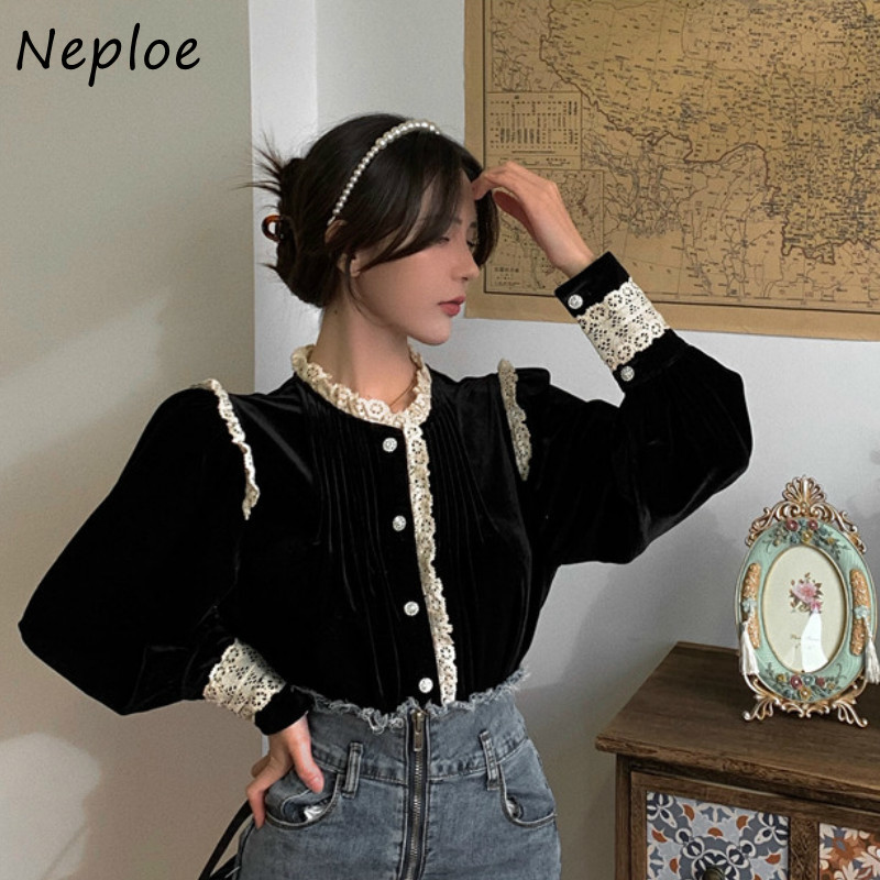 Elegant Lace Patchwork Velour Blouse Women Stand Collar Long Sleeve Single Breast Blusas Spring Shirt Feminino 210422