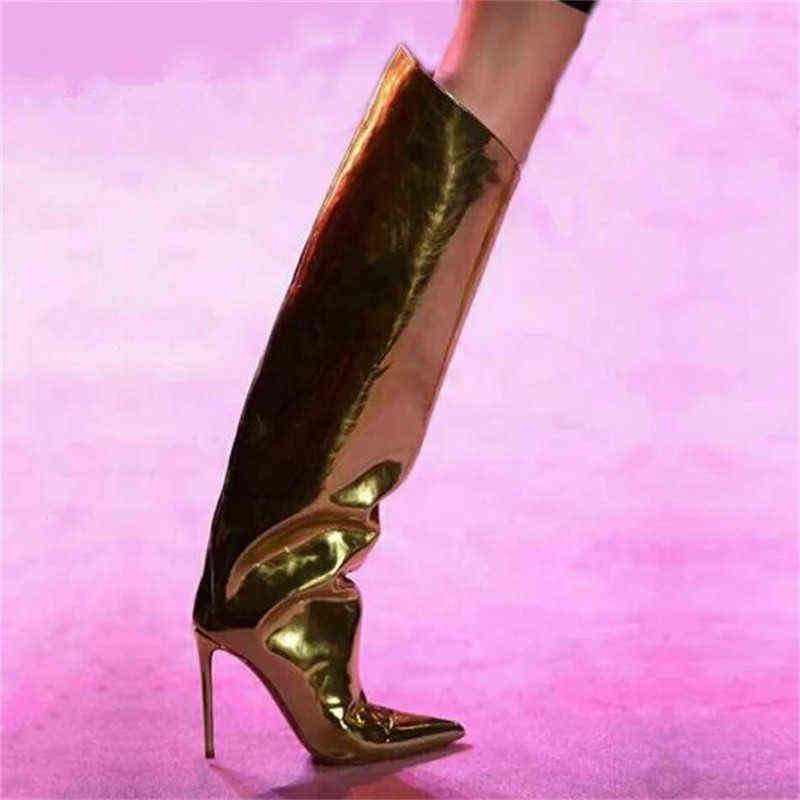 Metallic Leather Women Knee High Boots Stilettos Heels Pointed Toe Fashion Female Party Shoes Nightclub Reflective Mujer 211105