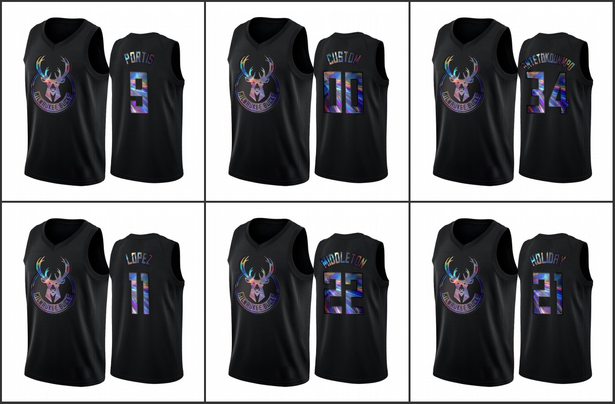 Men MilwaukeeBucksGiannis Antetokounmpo Khris Middleton Jrue Holiday Brook Lopez Custom Iridescent Holographic Black Limited Edi
Men MilwaukeeBucksGiannis Antetokounmpo Khris Middleton Jrue Holiday Brook Lopez Custom Iridescent Holographic Black Limited Edi