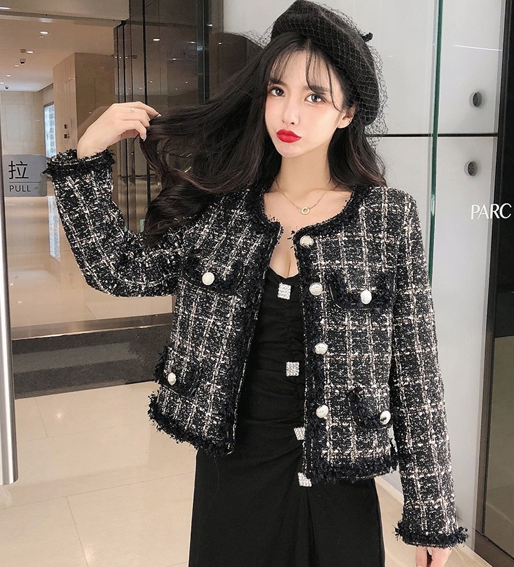 Autumn Winter Women Small Fragrance Vintage Plaid Tweed Jacket Coat Korean Elegant Long Sleeve Slim Short Outerwear 210519