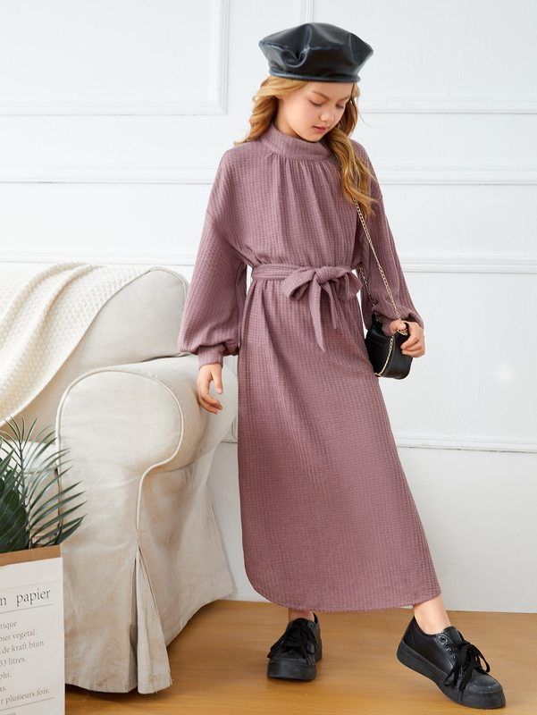 Girls Stand Collar Bishop Sleeve Belted Dress SHE