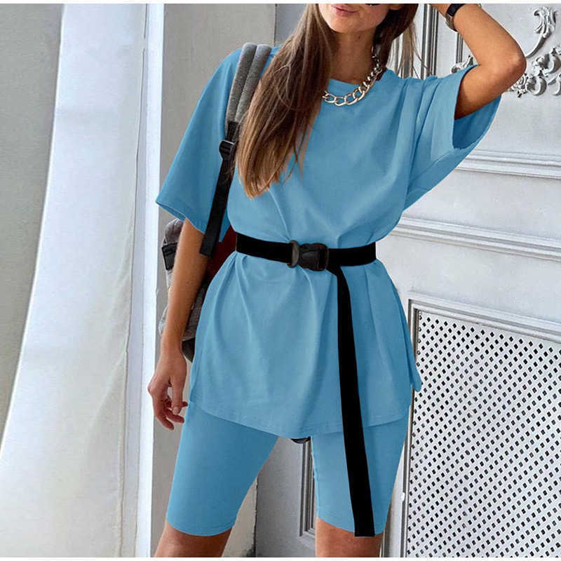 Casual Solid Outfits Women's Two Piece Suit with Belt Home Loose Sports Tracksuits Fashion Bicycle Summer Suit 210709