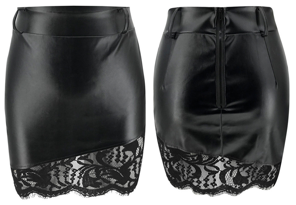 Sexy Lace Patchwork High Waist Short Skirt Ladies Elegant Hollow Out Trendy Zipper PU Leather Skinny Wrap Hips Mini Skirts Women 210507