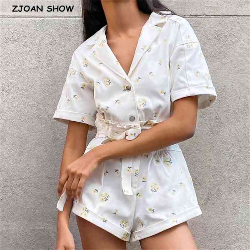 Notched V neck Embroidery Daisy Flower Bodysuits Women Tie Bow Waist Short Sleeve Pants Jumpsuit Romper Playsuits 210429