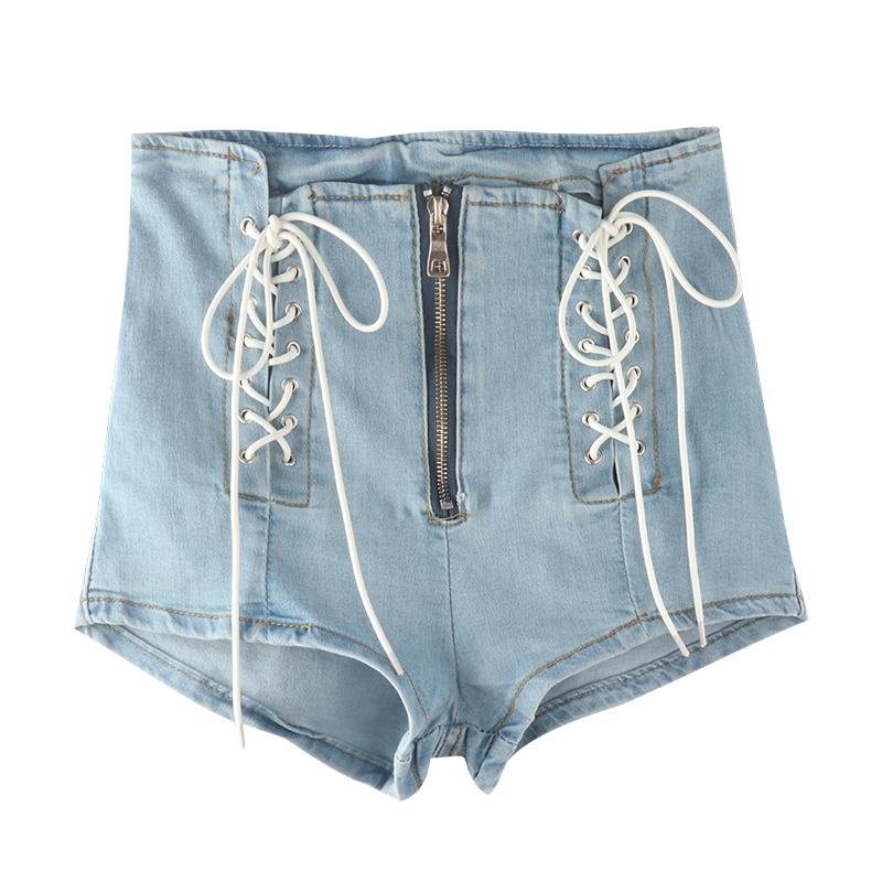Summer High Waist Denim Shorts Women Fashions Cross Bandage Zipper Sexy Female Skinny Lace-Up Korean Stretch Jeans Women's