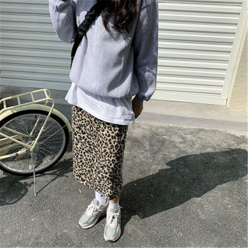 Fashion Leopard Female Arrival Animal Printed Split Skirts Women High Waist Streetwear OL Elegant Long 210421