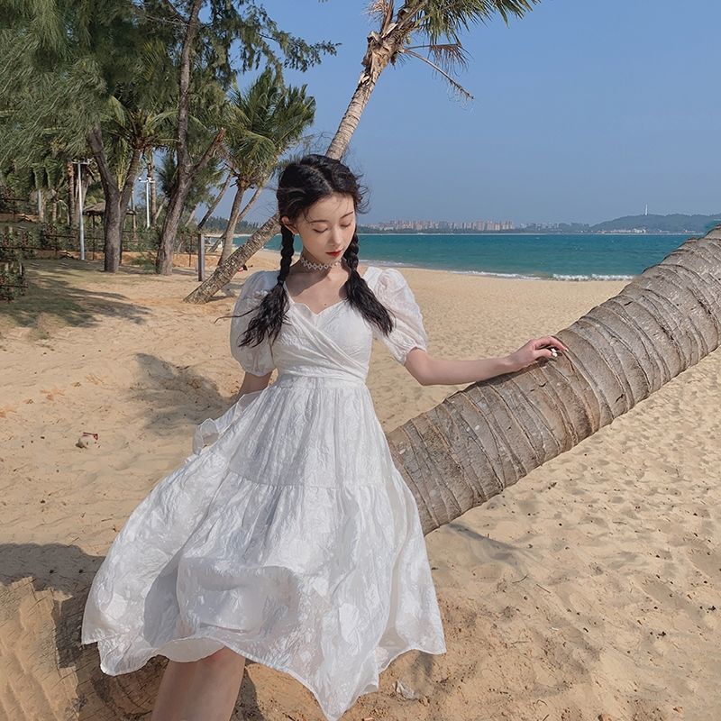 Short Sleeve White Elegant Dresses for Women V-neck Solid Casual Dress female Beach Dress Korean Chiffon Sumemr 210521