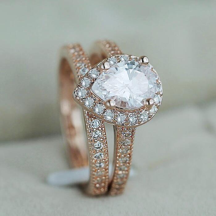 Sterling Sier Rose Gold Plated Pear Cut White Topaz Bridal Ring Set for Women Free shipping