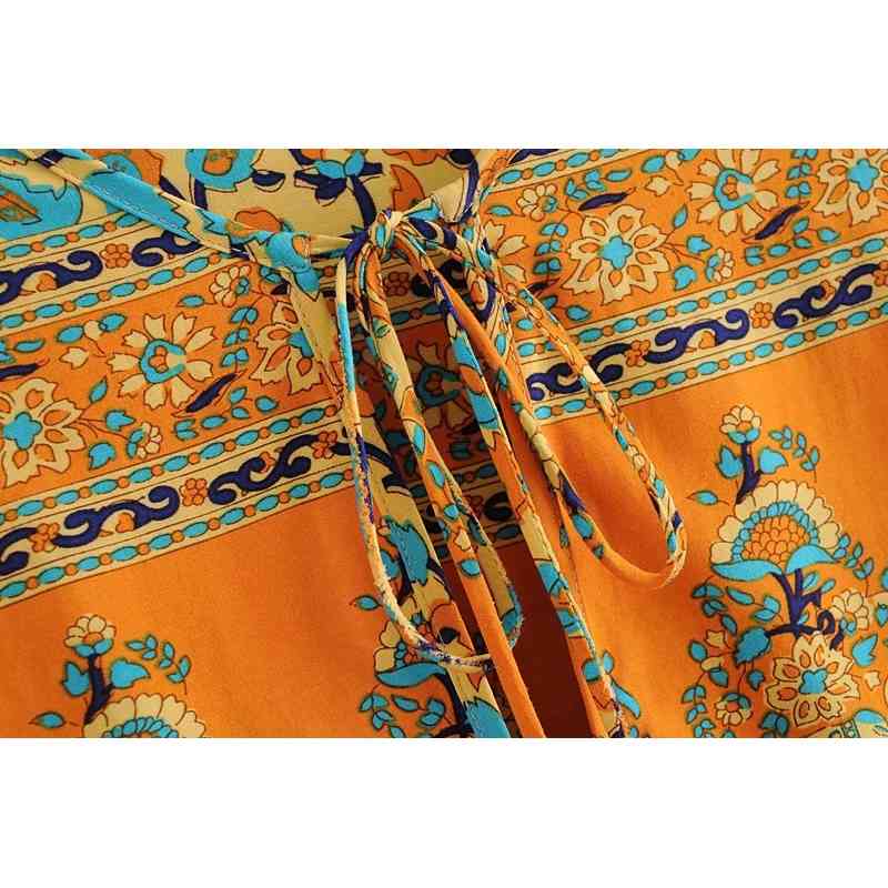 Bohemian Lace up V neck Location Floral Print Dress Orange Ethnic Woman Tassel Long Sleeve Holiday Dresses BOHO 210429