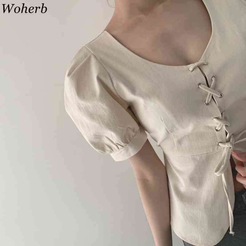 Lace-up O-neck Blouse Women's Summer Slim Fit All-match Puff Short Sleeve Shirts Korean Temperament Solid Color Tops 210519