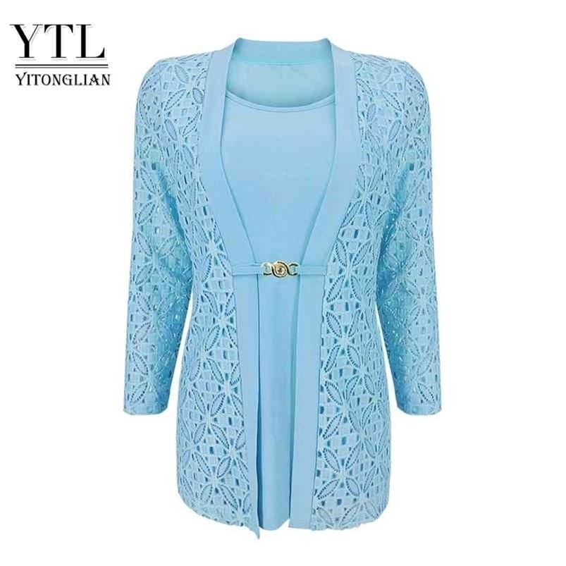 YTL Ladies Three Quarter Sleeve Winter Crochet Patchwork Casual T Shirt Plus Size Tops for Women 6XL 7XL 8XL H384B 210406