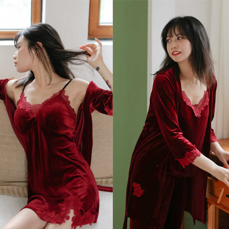 JULY'S SONG Women Winter Velvet 4 Piece Sexy Pajamas Set Dressing Gown Lace Sling Shorts Warm Robe Sleepwear Woman Pajamas 210924