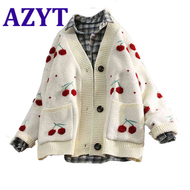 AZYT Fruit Cherry Embroidery Knitted Cardigan Autumn Winter V Neck Oversize Woman Sweater Cardigan Jacket Warm Knitwear 211117