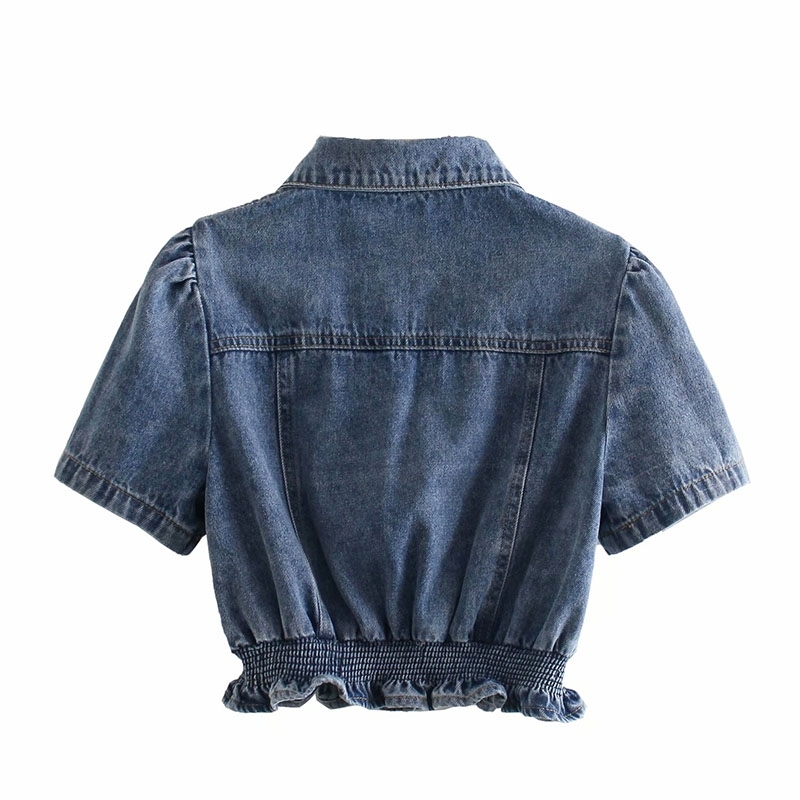 [DEAT] Women Denim Shirt Single-breasted Solid Color Turn-down Collar Short Sleeve Tops Fashion Spring Summer 13D071 210527 - view 3